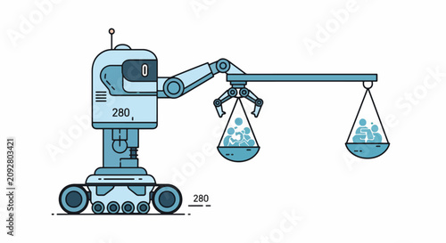Automated robot using a weighing scale to balance human figures, representing concepts of AI, justice, equality, and impartial decision-making.