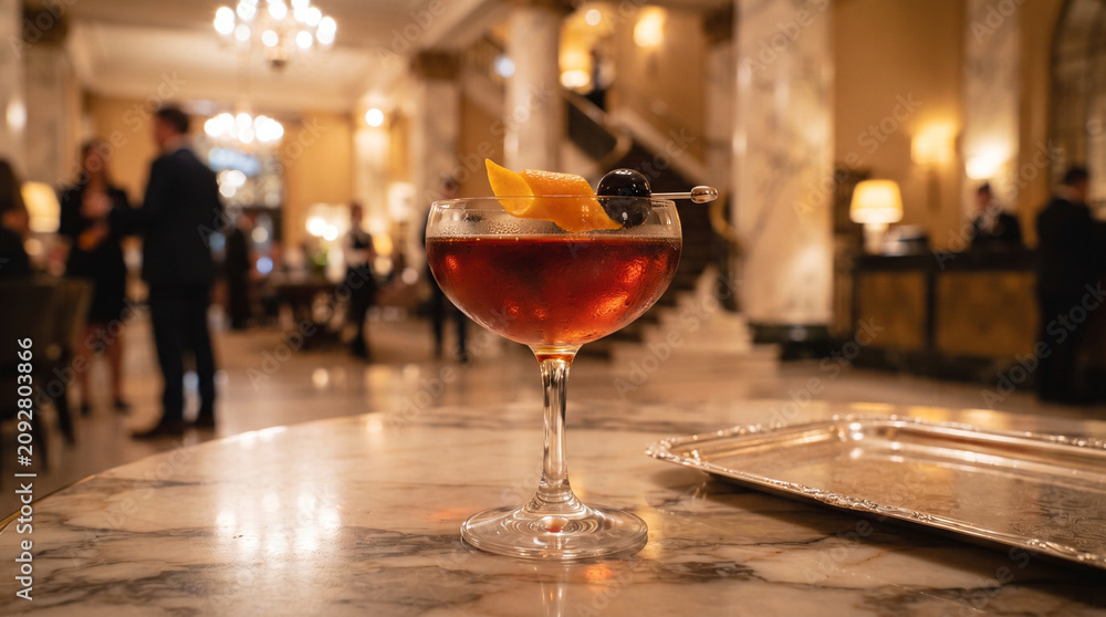 Naklejka premium Classic Manhattan Cocktail on Marble Bar in Luxury Hospitality Setting