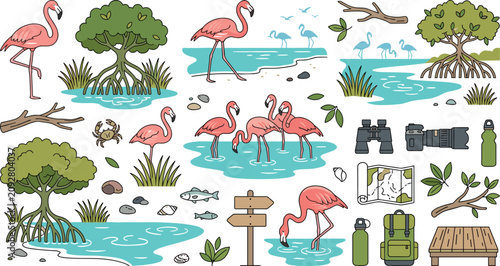 Fotografija Flat lay vector illustration of mangrove ecosystem icons with pink flamingos and