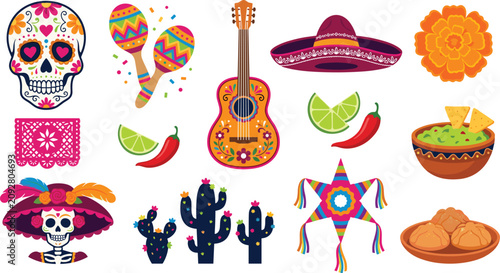 Foto Mexican Dia de los Muertos vector element set with sugar skulls guitar maracas s