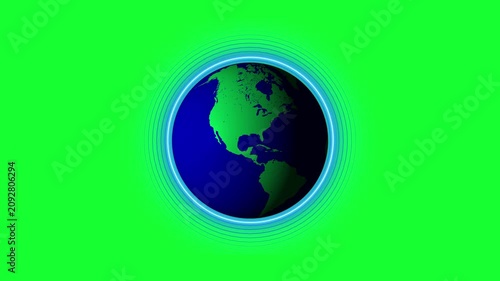Seamless rotating planet earth animation with glowing atmosphere shield on green screen.