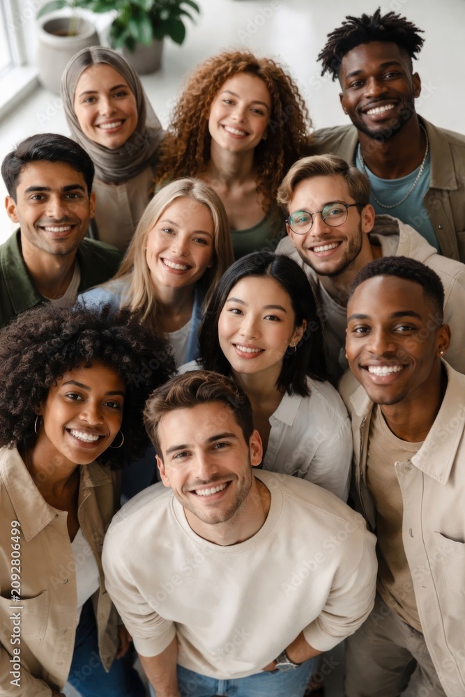 Obraz premium Diverse group of smiling young adults looking up at the camera indoors.