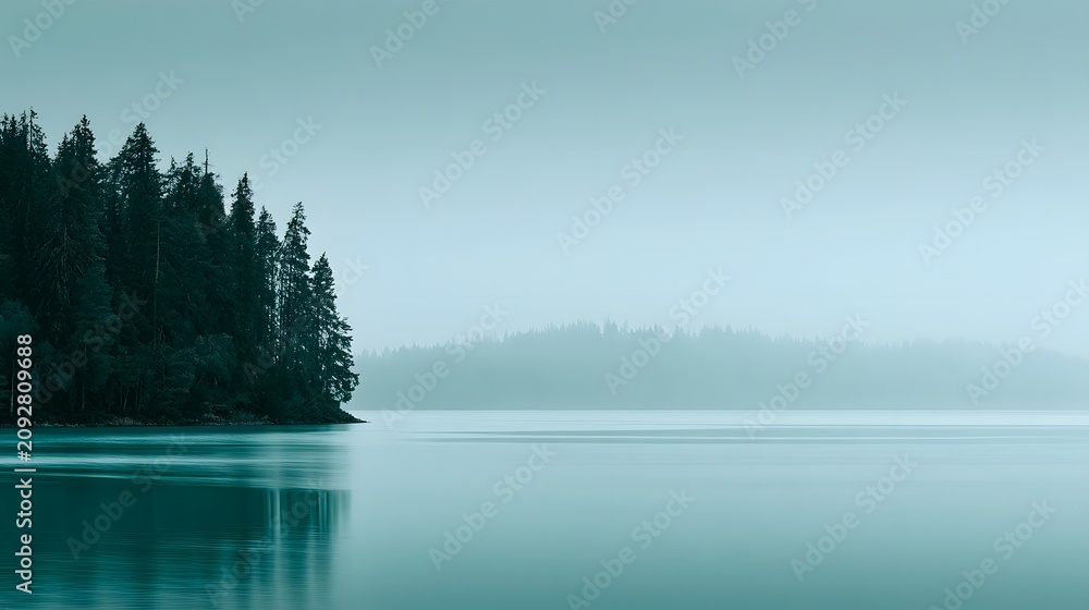 Fototapeta premium Serene Turquoise Lake with Pine Forest at Misty Dawn
