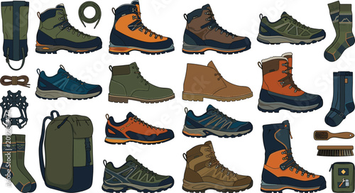 Fotografie Outdoor hiking boots and trail running shoes vector illustration collection feat