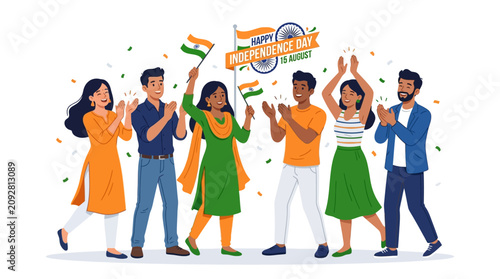 A diverse group of young people celebrating Indian Independence Day together.