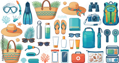 Photos Summer beach vacation travel accessories vector illustration collection with tot