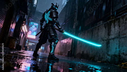 A futuristic cyber-samurai standing in a rainy, dark alleyway, holding a glowing neon katana, dark cinematic lighting