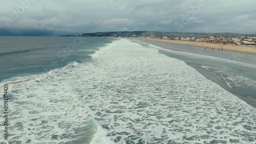 Drone aerial panorama of San Diego coastline with Pacific Beach ocean waves and scenic California shoreline landscape