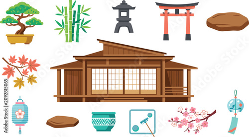 Foto Traditional Japanese house and garden vector illustration set featuring wooden p