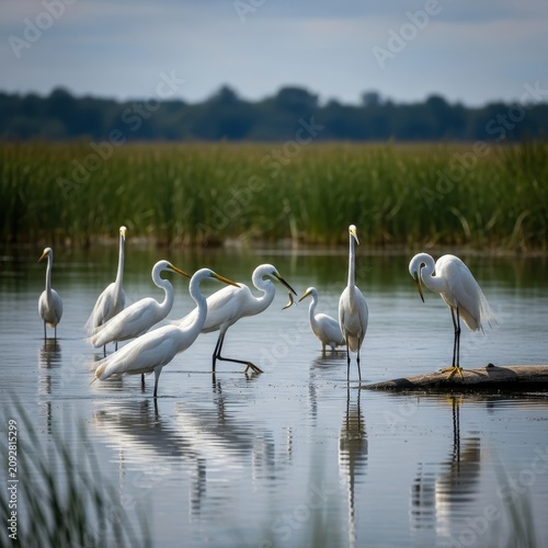 Graceful White Egrets Standing in Shallow Wetland Water.