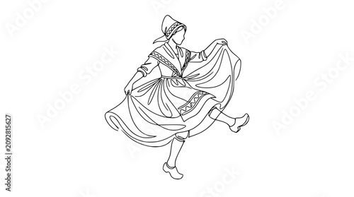 Bild auf Leinwand Dutch Woman Dancing Line Art, Traditional Costume, Folk Dance, Single Line Drawi