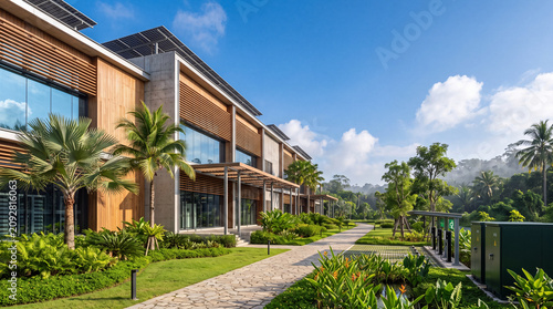 Modern Sustainable Green Data Center Campus with Rooftop Solar Panels