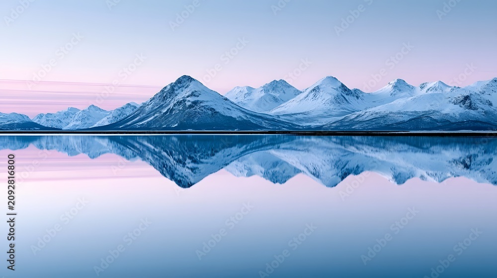 Fototapeta premium Snow-Capped Mountains Reflected in Still Alpine Lake at Dawn