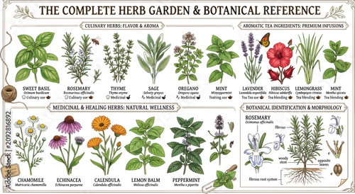 Tableau sur toile Vintage botanical herb garden chart illustration poster featuring culinary and m
