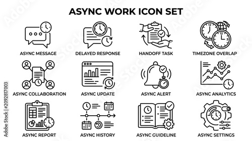 Set of Asynchronous Work and Remote Team Collaboration Outline Icons.