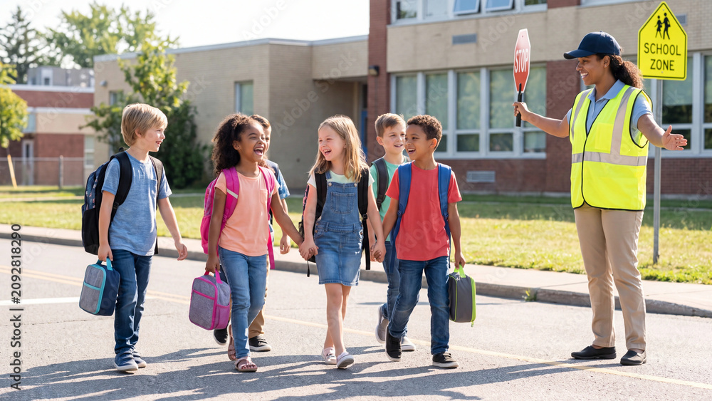 Obraz premium Crossing guard helps a group of diverse elementary students walk safely across the street toward the school grounds with their lunch boxes and backpacks.