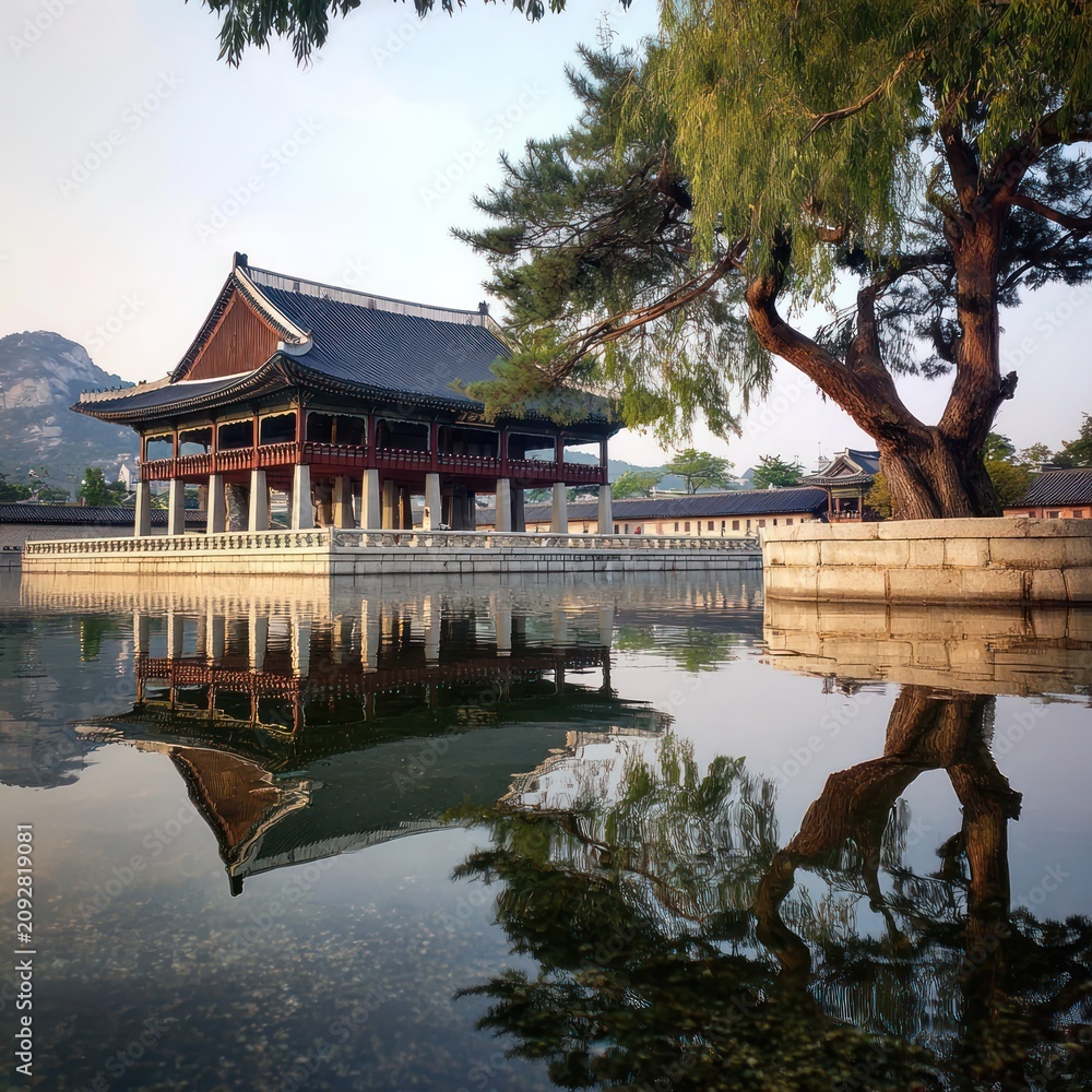 Fototapeta premium Traditional Asian Pavilion Over Water Surrounded by Trees and Mountains in Natural Setting