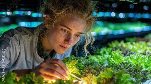 Dedicated researcher examining vibrant produce in an innovative indoor vertical farm