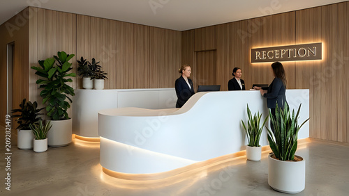 Modern hotel reception desk with helpful staff in contemporary lobby setting check in reception receptionist customer hospitality interior business corporate professional building assistant