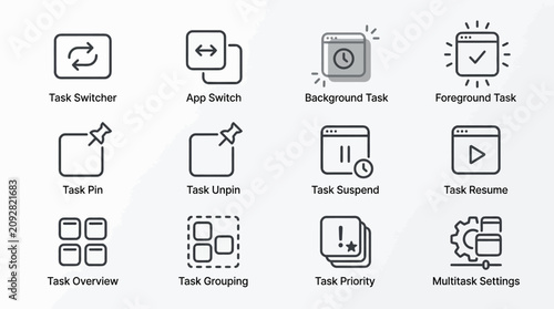 Set of line icons for task management and multitasking operations.