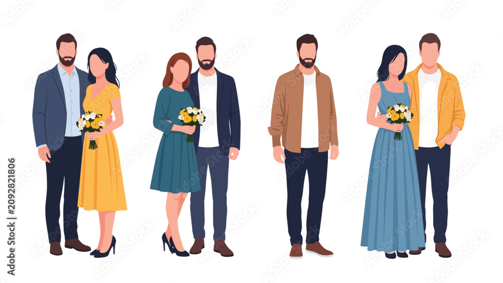 Obraz premium Set of illustrations of happy couples holding bouquets, symbolizing love and togetherness.