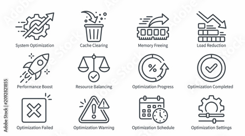 Set of line style icons for system optimization and performance management.