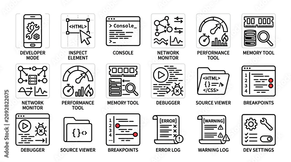 Naklejka premium Set of web development and programming hand drawn line icons.