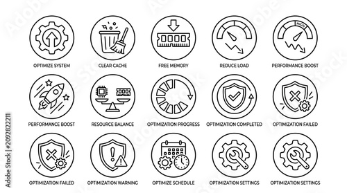 System Optimization and Maintenance Line Icon Set for Software and Performance.