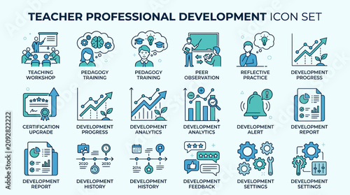 Teacher professional development line icon set for education training and growth.