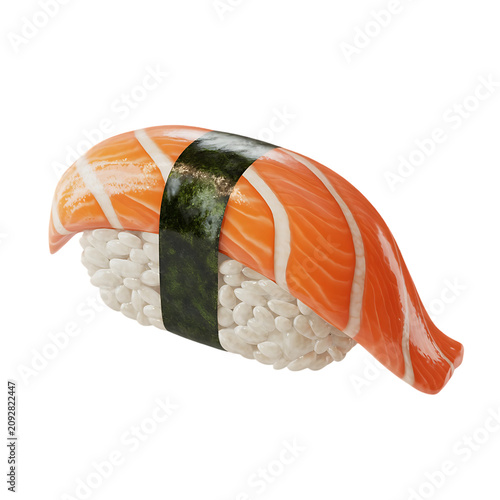 A piece of salmon sushi with white rice and seaweed on transparent background