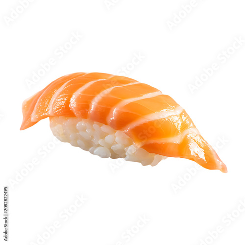 Fresh salmon sushi piece with shiny orange fish on top of white rice on transparent background