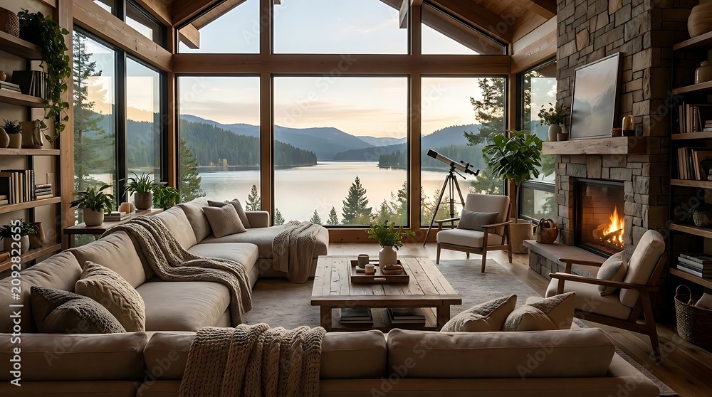 Obraz premium Cozy mountain lodge living room with fireplace and lake view