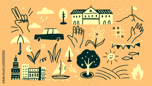 Doodle, Illustration Featuring Various Nature Elements, Hands, Car, Tree and Urban Scene on Yellow Background