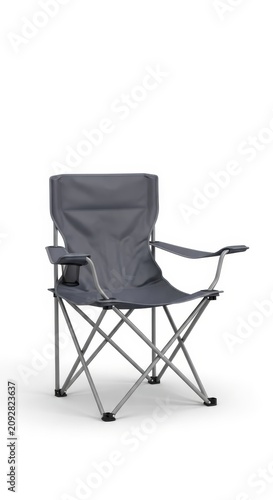 Gray Folding Camping Chair with Cup Holder and Armrests.