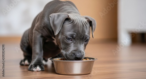 Gray Pitbull Puppy Eating from Metal Bowl on Floor.