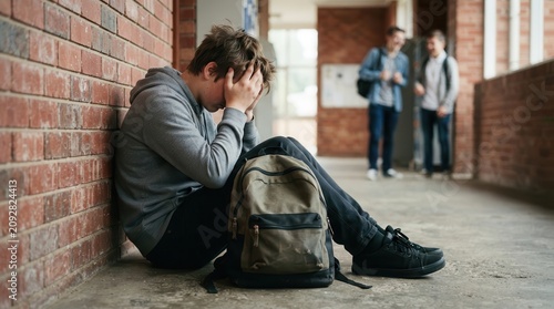 A bullied boy sits alone and struggling with emotions in a school hallway.