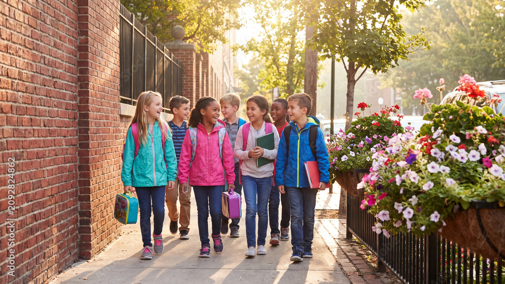 Obraz premium Schoolchildren walk together along a sidewalk near a brick wall while carrying their backpacks and lunch boxes on a bright morning.