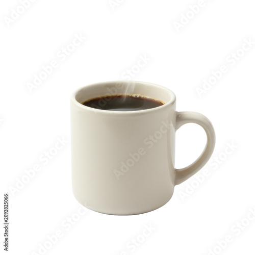 Thick-rimmed ivory ceramic diner mug with steaming black coffee, delicate white plume, on transparent infinity background with copy space and controlled shadows. Concept for beverage advertising.