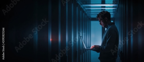 Man using laptop in server room