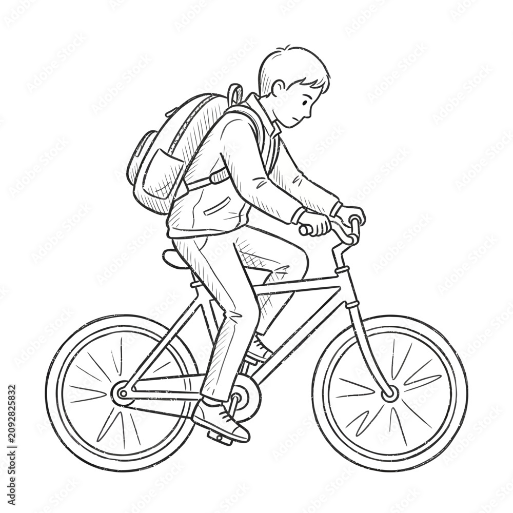 Fototapeta premium Boy riding bicycle with backpack, hand-drawn sketch style