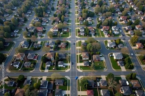 Drone shot over residential area with uniform houses and green lawns