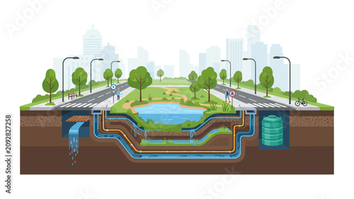 Sustainable Urban Drainage System Infographic with Underground Water Management