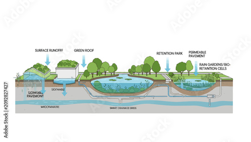 Sustainable Urban Water Management Diagram: Green Infrastructure, SuDS, and Stormwater Retention Systems for Eco-Friendly City Planning