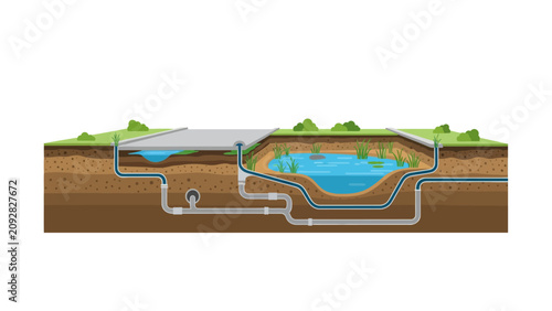Cross-section of a sustainable urban drainage system with retention pond and underground piping for stormwater management.
