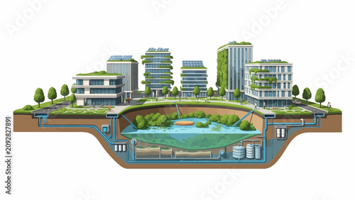 Sustainable Urban Development with Cross-Section Water Management System and Green Buildings