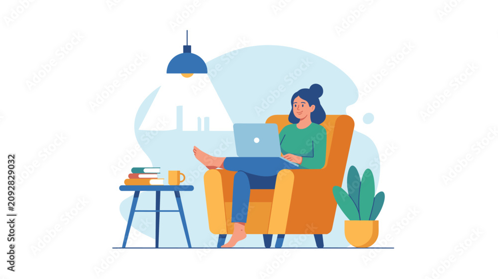 Fototapeta premium Focused woman sitting comfortably in a yellow armchair while working on her laptop under a lamp in a cozy home office setting.