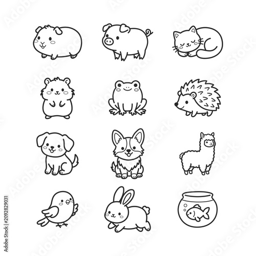 Canvas Print Cute Kawaii Domestic and Wild Animals Outline Doodle Sticker Pack Set