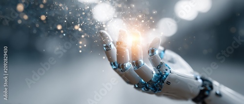 Obraz na płótnie Robotic hand interacting with light particles