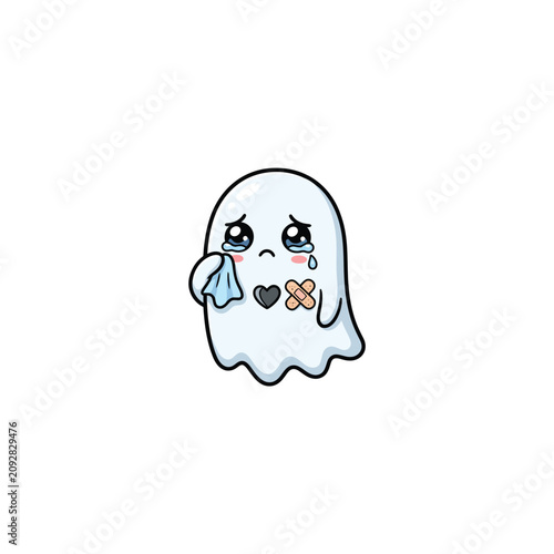 Obraz na płótnie Cute Ghost Character With Sad Expression, Crying And Holding A Tissue, Decorated