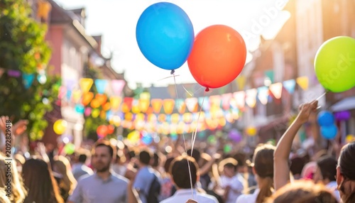 People celebrate with colorful balloons outdoors.